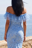 Mermaid Blue Off the Shoulder Ruffled Maxi Floral Dress with Appliques