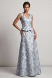 Dusty Blue A Line V-Neck Long Jacquard Floral Mother of the Bride Dress