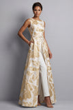 Champagne Jacquard Boat Neck Mother of the Bride Jumpsuits with Pockets