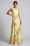Yellow A Line Bateau Neck Long Floral Printed Mother of the Bride Dress
