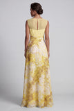 Yellow A Line Bateau Neck Long Floral Printed Mother of the Bride Dress