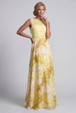 Yellow A Line Bateau Neck Long Floral Printed Mother of the Bride Dress