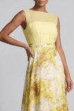 Yellow A Line Bateau Neck Long Floral Printed Mother of the Bride Dress
