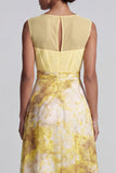 Yellow A Line Bateau Neck Long Floral Printed Mother of the Bride Dress