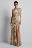 Champagne Floral Mermaid Long Ruffled Mother of the Bride Dress with Slit