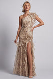 Champagne Floral Mermaid Long Ruffled Mother of the Bride Dress with Slit