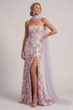 Light Purple Floral Mermaid Strapless Long Mother of the Bride Dress with Slit