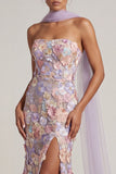 Light Purple Floral Mermaid Strapless Long Mother of the Bride Dress with Slit
