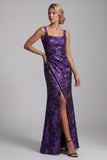 Floral Dark Purple Mermaid Ruched Long Mother of the Bride Dress with Slit