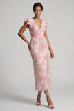 Sparkly Blush Sheath V-Neck Beaded Long Mother of the Bride Dress with Ruffles