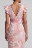 Sparkly Blush Sheath V-Neck Beaded Long Mother of the Bride Dress with Ruffles