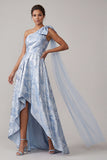 Sky Blue Floral A Line High Low Mother of the Bride Dress with Bow