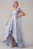 Sky Blue Floral A Line High Low Mother of the Bride Dress with Bow
