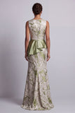 Light Green Floral Mermaid Ruched Long Mother of the Bride Dress with Sash