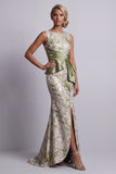 Light Green Floral Mermaid Ruched Long Mother of the Bride Dress with Sash