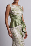 Light Green Floral Mermaid Ruched Long Mother of the Bride Dress with Sash