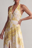 Halter A Line Long Yellow Floral Printed Mother of the Bride Dress with Slit