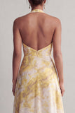 Halter A Line Long Yellow Floral Printed Mother of the Bride Dress with Slit