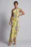 Yellow Floral Mermaid Long Printed Mother of the Bride Dress with Ruffles