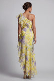 Yellow Floral Mermaid Long Printed Mother of the Bride Dress with Ruffles