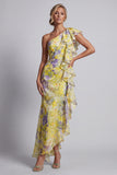 Yellow Floral Mermaid Long Printed Mother of the Bride Dress with Ruffles