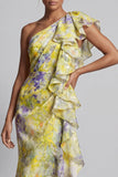Yellow Floral Mermaid Long Printed Mother of the Bride Dress with Ruffles