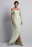 Light Green Ruched Long Mermaid Floral Mother of the Bride Dress with Slit