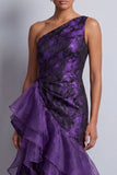 Dark Purple Floral High Low Mermaid Ruched Mother of the Bride Dress with Ruffles