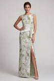 Sheath Light Green Floral Long Mother of the Bride Dress with Sash