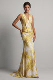 Floral Mermaid Long Printed Yellow Mother of the Bride Dress with Sash