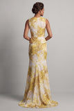 Floral Mermaid Long Printed Yellow Mother of the Bride Dress with Sash