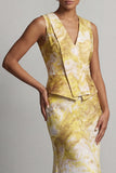 Floral Mermaid Long Printed Yellow Mother of the Bride Dress with Sash
