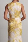 Floral Mermaid Long Printed Yellow Mother of the Bride Dress with Sash