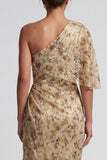 Sheath Long Floral Champagne Ruched Mother of the Bride Dress with Side Cape
