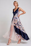 V-Neck Blush Long A Line Floral Mother of the Bride Dress