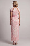 Sparkly Blush Long Sheath Short Sleeves Keyhole Beaded Mother of the Bride Dress