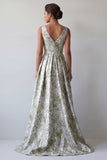 A Line Light Green Floral Long Ruched Mother of the Bride Dress with Pockets