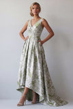 A Line Light Green Floral Long Ruched Mother of the Bride Dress with Pockets