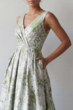 A Line Light Green Floral Long Ruched Mother of the Bride Dress with Pockets