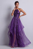 Halter Dark Purple Floral Long A Line Mother of the Bride Dress with Ruffles