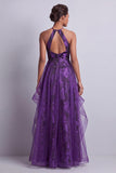 Halter Dark Purple Floral Long A Line Mother of the Bride Dress with Ruffles