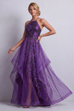 Halter Dark Purple Floral Long A Line Mother of the Bride Dress with Ruffles