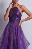Halter Dark Purple Floral Long A Line Mother of the Bride Dress with Ruffles