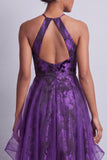 Halter Dark Purple Floral Long A Line Mother of the Bride Dress with Ruffles