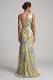 One Shoulder Yellow Floral Mermaid Long Printed Mother of the Bride Dress