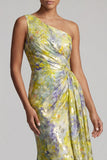 One Shoulder Yellow Floral Mermaid Long Printed Mother of the Bride Dress