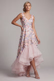 A Line Blush High Low Floral V-Neck Mother of the Bride Dress with Ruffles