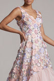 A Line Blush High Low Floral V-Neck Mother of the Bride Dress with Ruffles