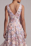 A Line Blush High Low Floral V-Neck Mother of the Bride Dress with Ruffles