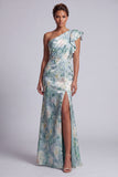 Mermaid Ruffled Light Green Floral Long Mother of the Bride Dress with Slit